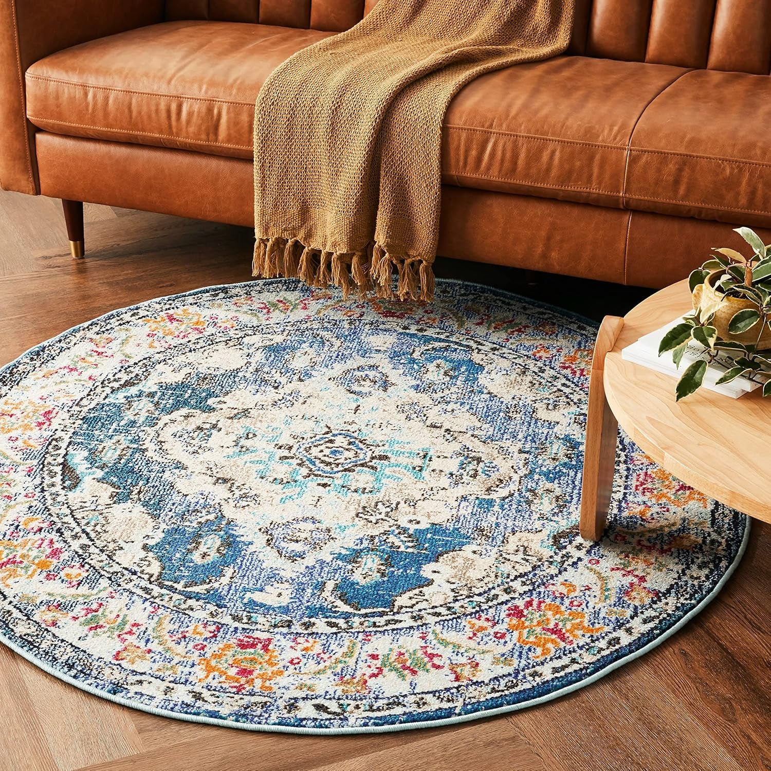 Monaco Collection Area Rug - 5' Round, Navy & Light Blue, Boho Chic Medallion Distressed Design, Non-Shedding & Easy Care, Ideal for High Traffic Areas in Living Room, Bedroom (MNC243N)