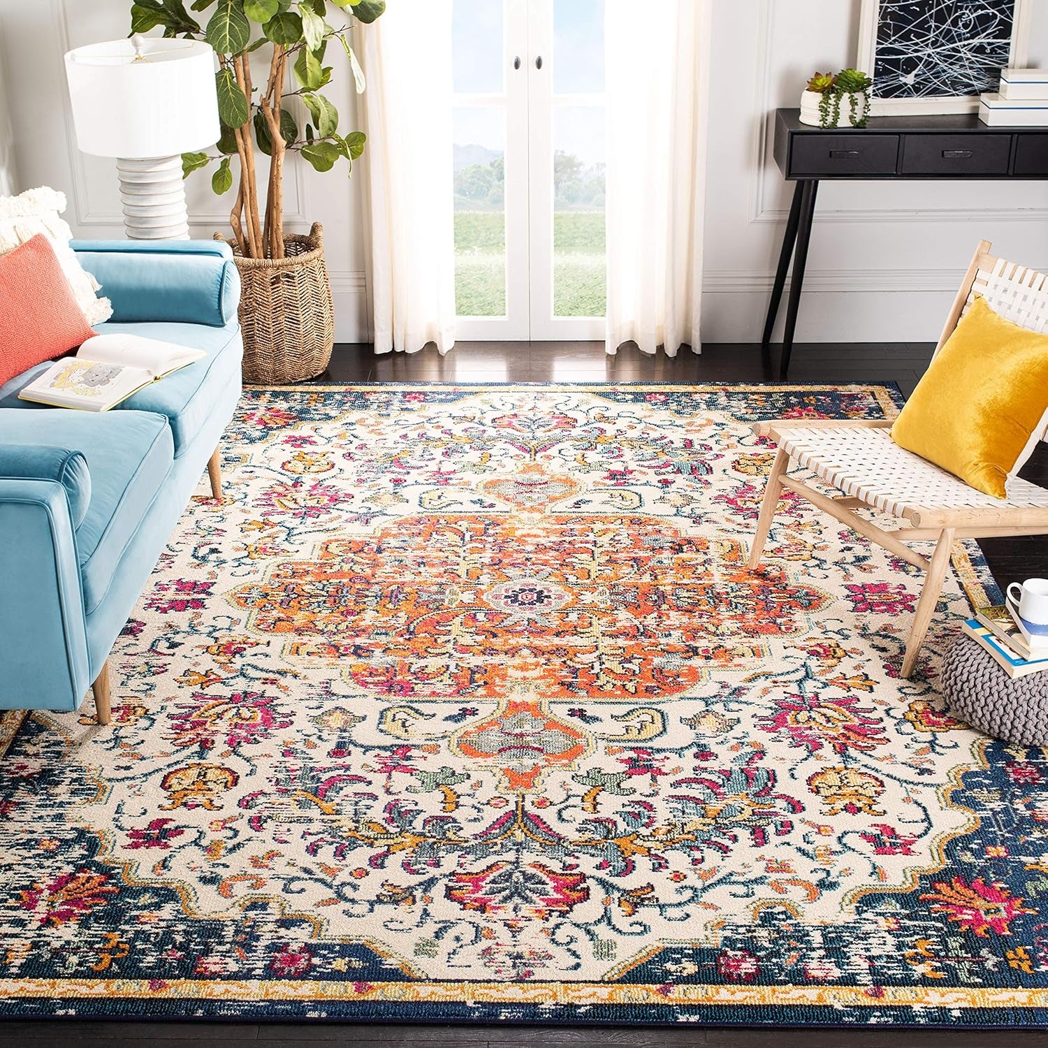 Madison Collection Area Rug - 6'7" Square, Ivory & Orange, Boho Chic Medallion Distressed Design, Non-Shedding & Easy Care, Ideal for High Traffic Areas in Living Room, Bedroom (MAD447A)