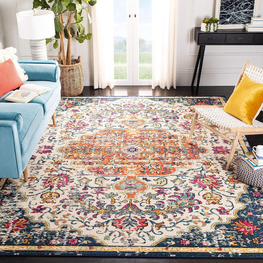 Madison Collection Area Rug - 6'7" Square, Ivory & Orange, Boho Chic Medallion Distressed Design, Non-Shedding & Easy Care, Ideal for High Traffic Areas in Living Room, Bedroom (MAD447A)