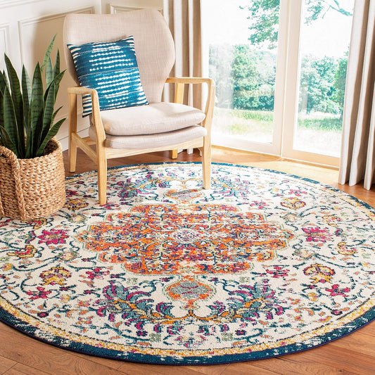 Madison Collection Area Rug - 6'7" Round, Ivory & Orange, Boho Chic Medallion Distressed Design, Non-Shedding & Easy Care, Ideal for High Traffic Areas in Living Room, Bedroom (MAD447A)