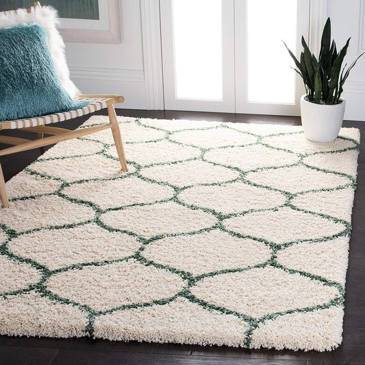 Hudson Shag Collection Area Rug - 5'3" X 7'6", Ivory & Green, Modern Ogee Trellis Design, Non-Shedding & Easy Care, 2-Inch Thick Ideal for High Traffic Areas in Living Room, Bedroom (SGH280H)