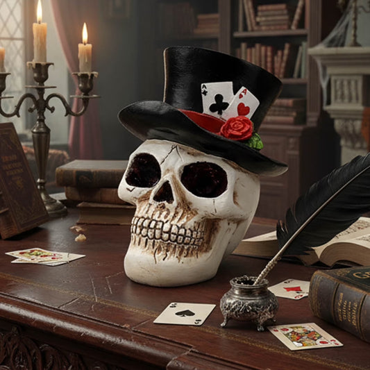 Halloween Skull Decorations Indoor, Gothic Skull Figurine with Top Hat and Rose, Resin Skull Head Decor