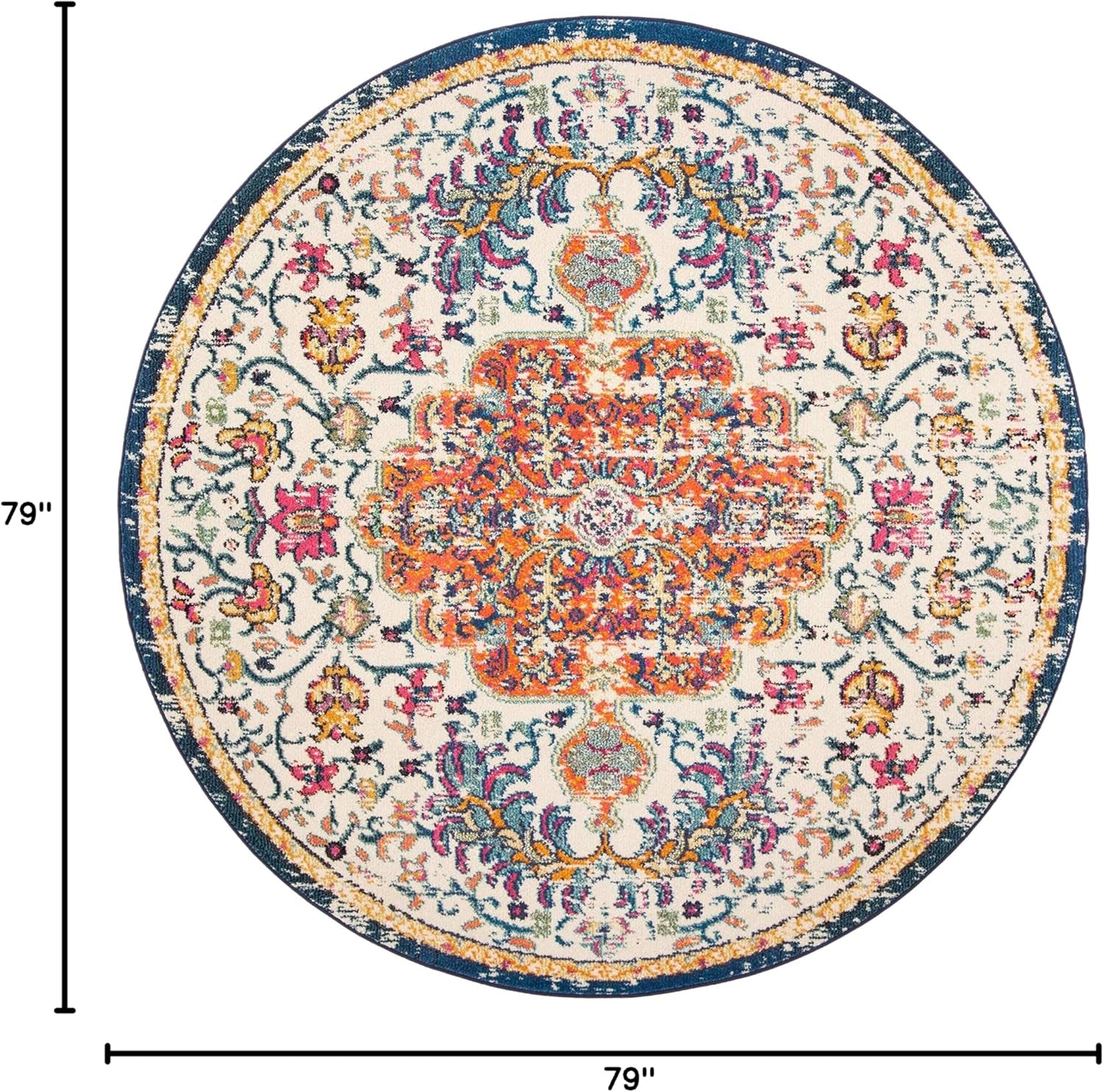 Madison Collection Area Rug - 6'7" Round, Ivory & Orange, Boho Chic Medallion Distressed Design, Non-Shedding & Easy Care, Ideal for High Traffic Areas in Living Room, Bedroom (MAD447A)