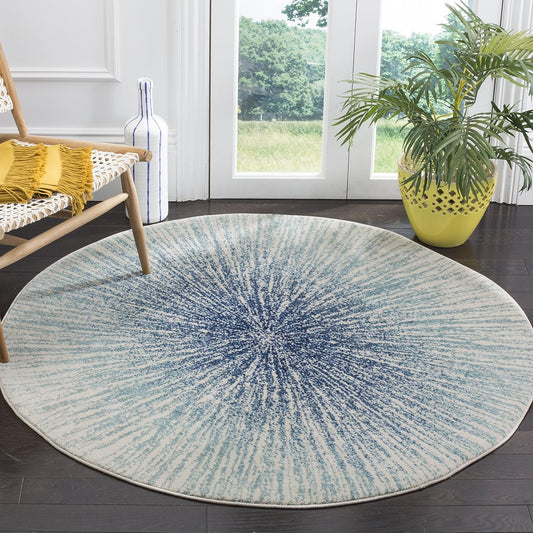 Evoke Collection Area Rug - 4' Round, Royal & Ivory, Abstract Burst Design, Non-Shedding & Easy Care, Ideal for High Traffic Areas in Living Room, Bedroom (EVK228A)
