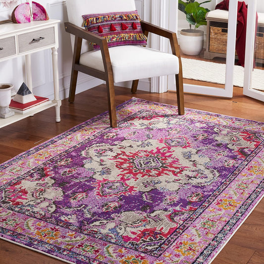 Monaco Collection Area Rug - 6'7" X 9'2", Violet & Fuchsia, Boho Chic Medallion Distressed Design, Non-Shedding & Easy Care, Ideal for High Traffic Areas in Living Room, Bedroom (MNC243P)