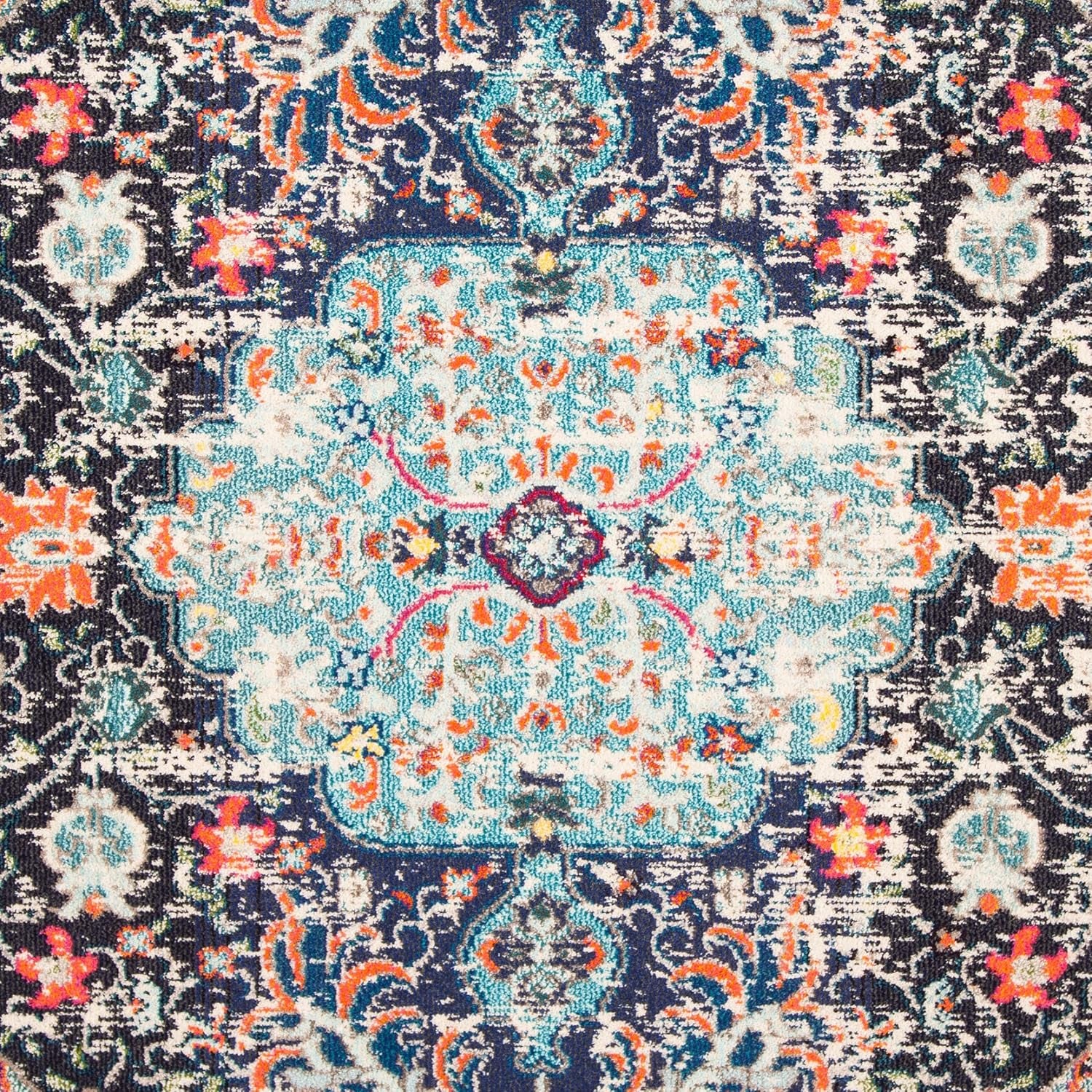 Madison Collection Area Rug - 6'7" Round, Black & Teal, Boho Chic Medallion Distressed Design, Non-Shedding & Easy Care, Ideal for High Traffic Areas in Living Room, Bedroom (MAD447Z)