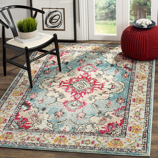 Monaco Collection Accent Rug - 4' X 5'7", Light Blue & Fuchsia, Medallion Distressed Design, Non-Shedding & Easy Care, Ideal for High Traffic Areas in Entryway, Living Room, Bedroom (MNC243J)