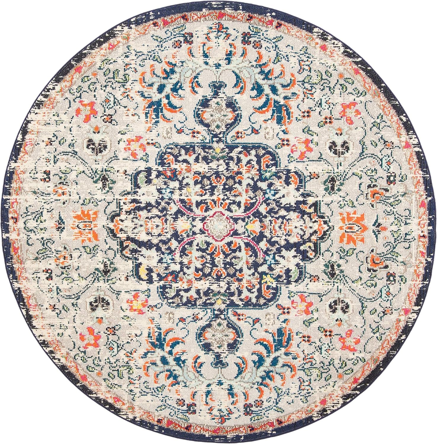 Madison Collection Area Rug - 6'7" Round, Beige & Black, Boho Chic Medallion Distressed Design, Non-Shedding & Easy Care, Ideal for High Traffic Areas in Living Room, Bedroom (MAD447B)