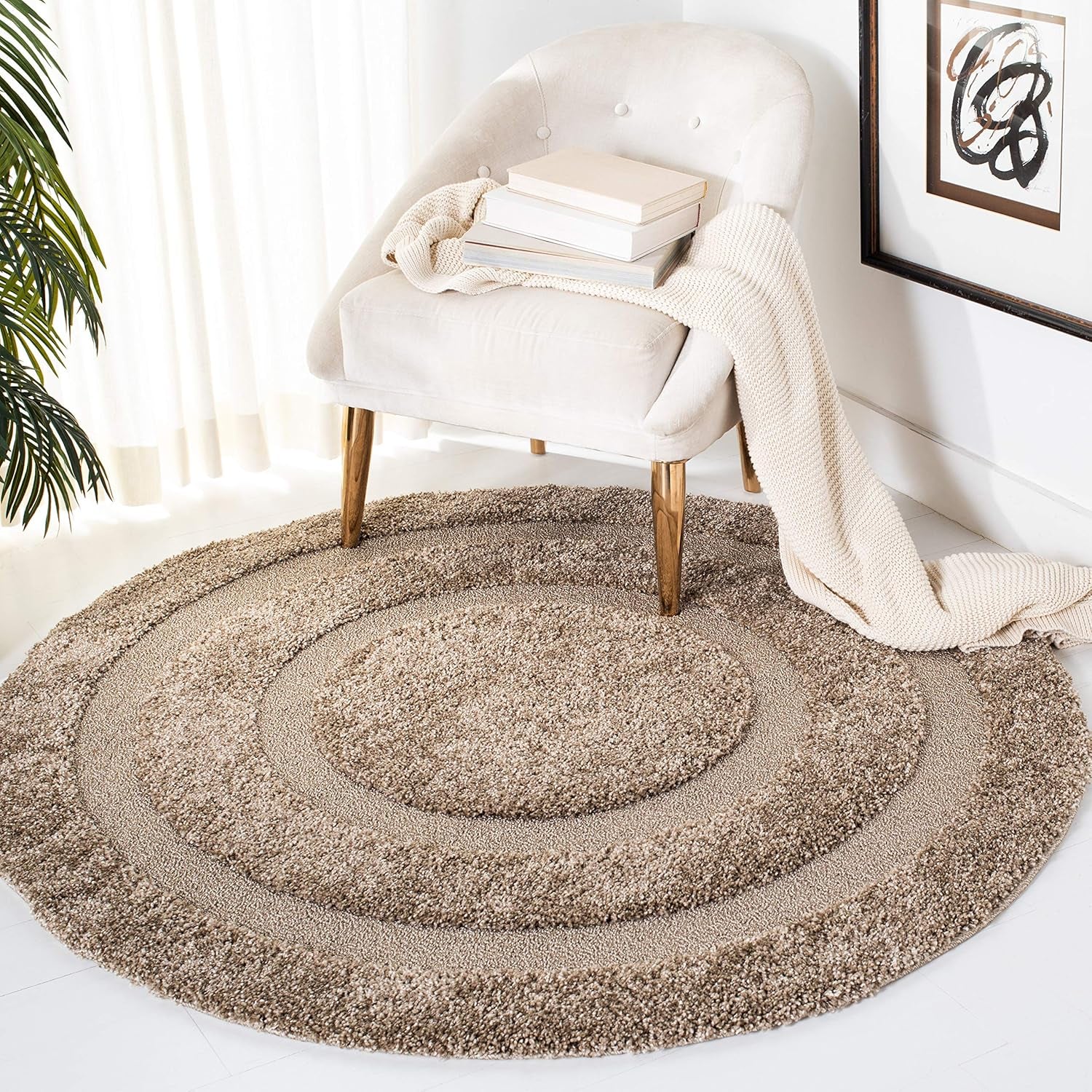 Florida Shag Collection Area Rug - 6'7" Round, Beige & Beige, Border Design, Non-Shedding & Easy Care, 1.2-Inch Thick Ideal for High Traffic Areas in Living Room, Bedroom (SG454-1313)