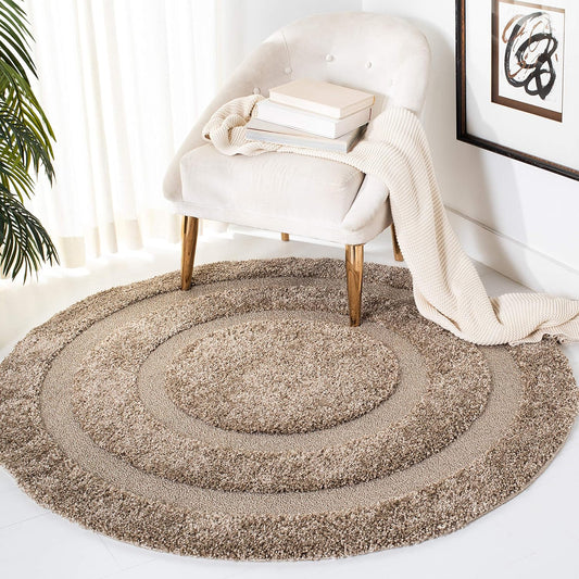 Florida Shag Collection Area Rug - 6'7" Round, Beige & Beige, Border Design, Non-Shedding & Easy Care, 1.2-Inch Thick Ideal for High Traffic Areas in Living Room, Bedroom (SG454-1313)