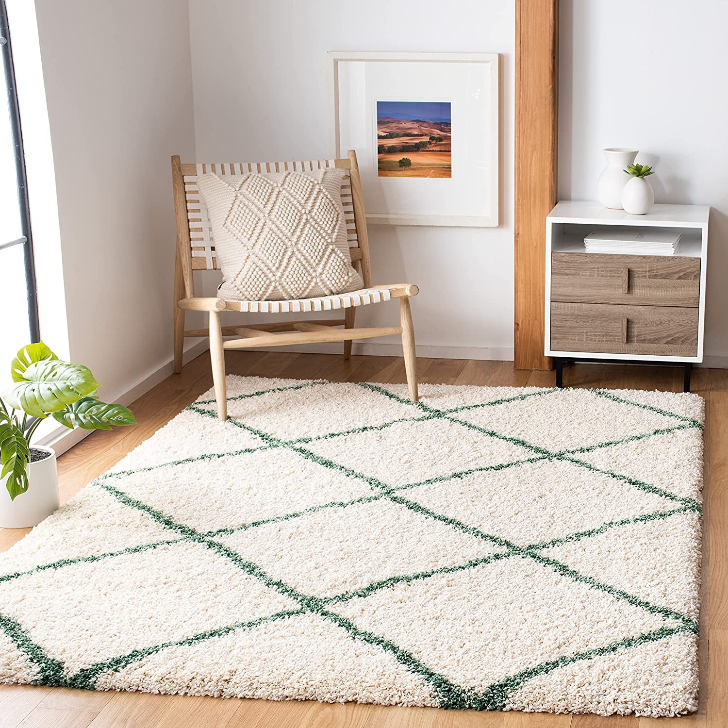 Hudson Shag Collection Area Rug - 8' X 10', Ivory & Green, Modern Trellis Design, Non-Shedding & Easy Care, 2-Inch Thick Ideal for High Traffic Areas in Living Room, Bedroom (SGH281X)