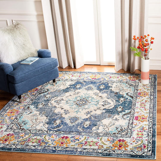 Monaco Collection Area Rug - 11' Square, Navy & Light Blue, Boho Chic Medallion Distressed Design, Non-Shedding & Easy Care, Ideal for High Traffic Areas in Living Room, Bedroom (MNC243N)