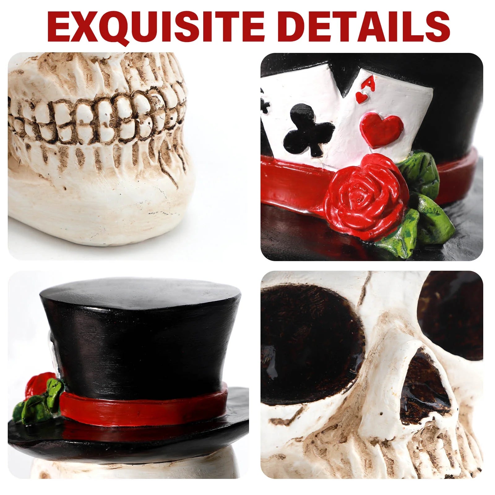 Halloween Skull Decorations Indoor, Gothic Skull Figurine with Top Hat and Rose, Resin Skull Head Decor