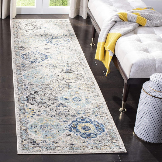 Madison Collection Runner Rug - 2'3" X 18', Ivory & Aqua, Boho Chic Distressed Design, Non-Shedding & Easy Care, Ideal for High Traffic Areas in Living Room, Bedroom (MAD611A)