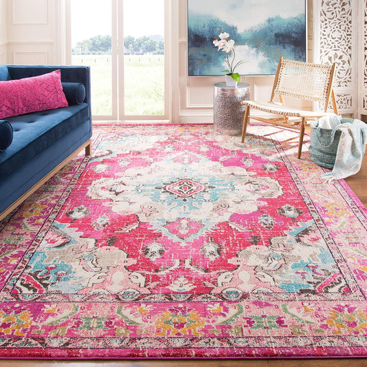 Monaco Collection Area Rug - 5' Square, Pink & Multi, Boho Chic Medallion Distressed Design, Non-Shedding & Easy Care, Ideal for High Traffic Areas in Living Room, Bedroom (MNC243D)