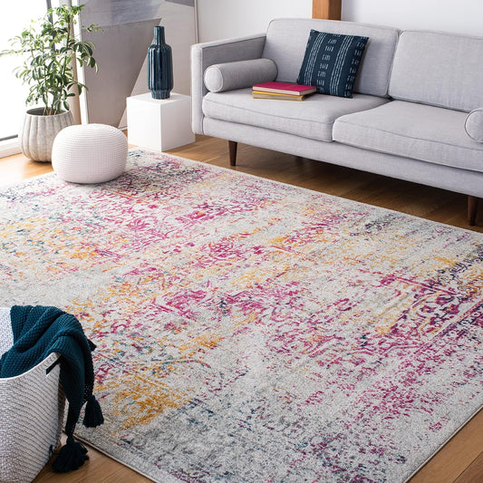 Evoke Collection Area Rug - 6'7" Square, Ivory & Fuchsia, Oriental Distressed Design, Non-Shedding & Easy Care, Ideal for High Traffic Areas in Living Room, Bedroom (EVK256Q)