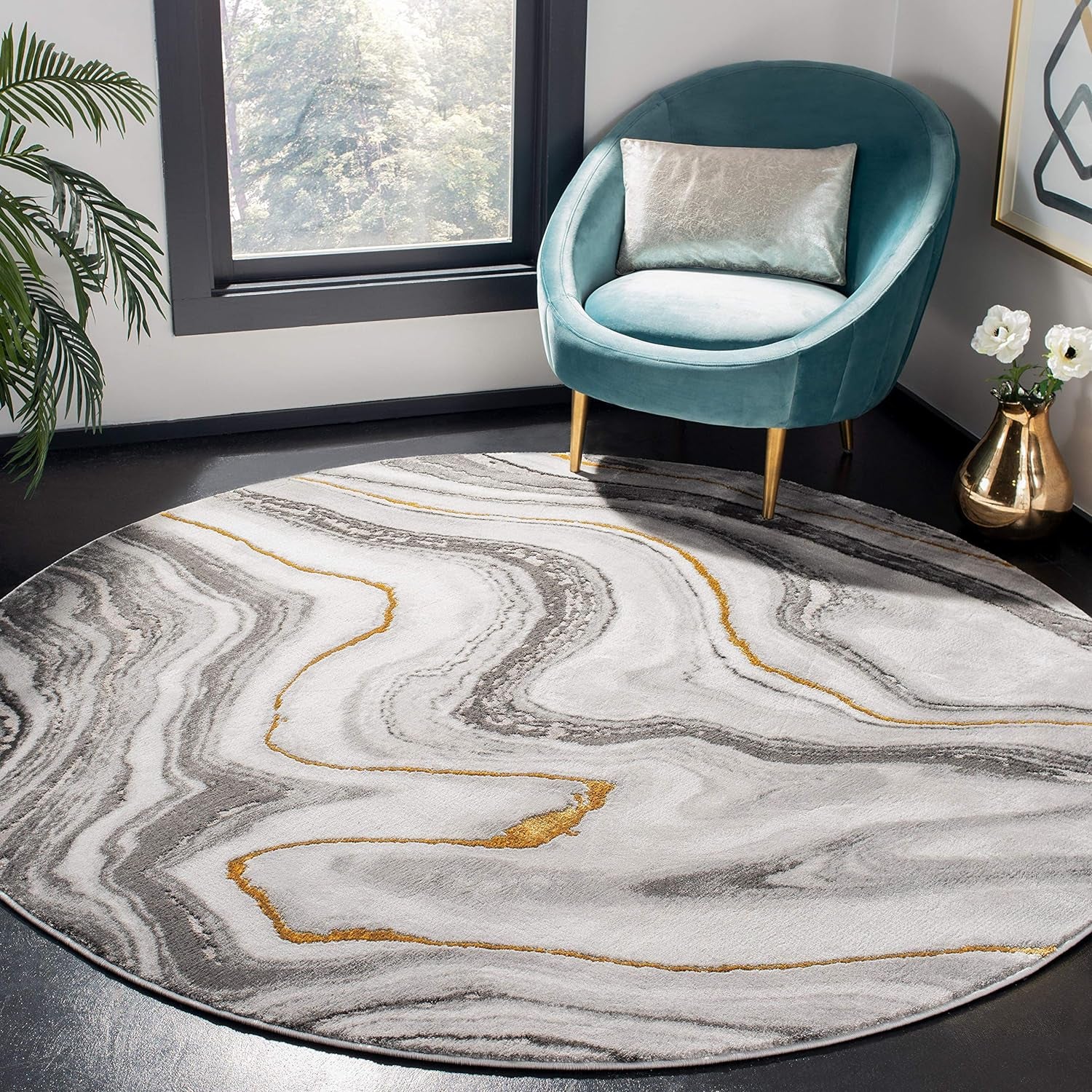 Craft Collection Area Rug - 6'7" Round, Grey & Gold, Modern Abstract Design, Non-Shedding & Easy Care, Ideal for High Traffic Areas in Living Room, Bedroom (CFT819F)