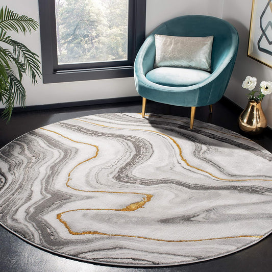 Craft Collection Area Rug - 6'7" Round, Grey & Gold, Modern Abstract Design, Non-Shedding & Easy Care, Ideal for High Traffic Areas in Living Room, Bedroom (CFT819F)