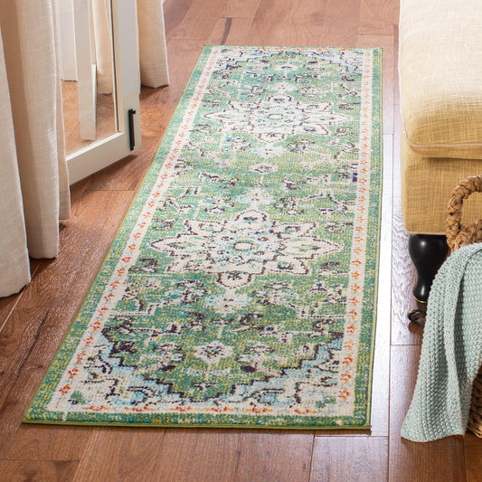 Madison Collection Runner Rug - 2'2" X 14', Green & Turquoise, Boho Chic Medallion Distressed Design, Non-Shedding & Easy Care, Ideal for High Traffic Areas in Living Room, Bedroom (MAD473Y)