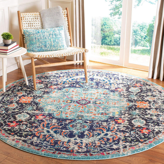 Madison Collection Area Rug - 6'7" Round, Black & Teal, Boho Chic Medallion Distressed Design, Non-Shedding & Easy Care, Ideal for High Traffic Areas in Living Room, Bedroom (MAD447Z)