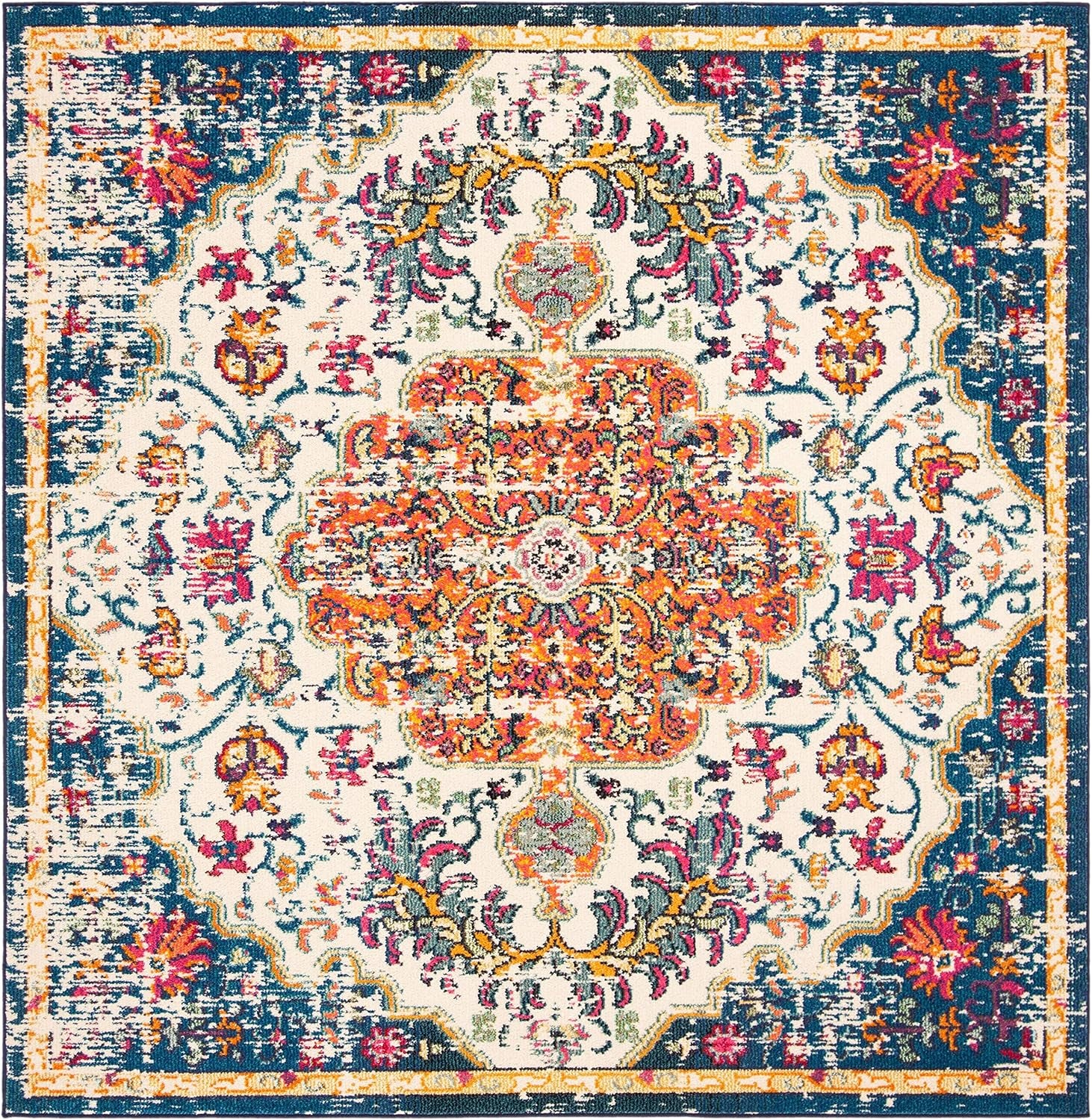 Madison Collection Area Rug - 6'7" Square, Ivory & Orange, Boho Chic Medallion Distressed Design, Non-Shedding & Easy Care, Ideal for High Traffic Areas in Living Room, Bedroom (MAD447A)
