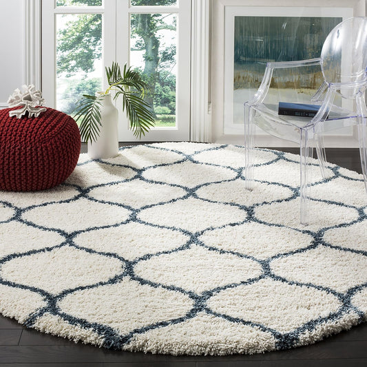 Hudson Shag Collection Area Rug - 7' Round, Ivory & Slate Blue, Trellis Design, Non-Shedding & Easy Care, 2-Inch Thick Ideal for High Traffic Areas in Living Room, Bedroom (SGH280T)