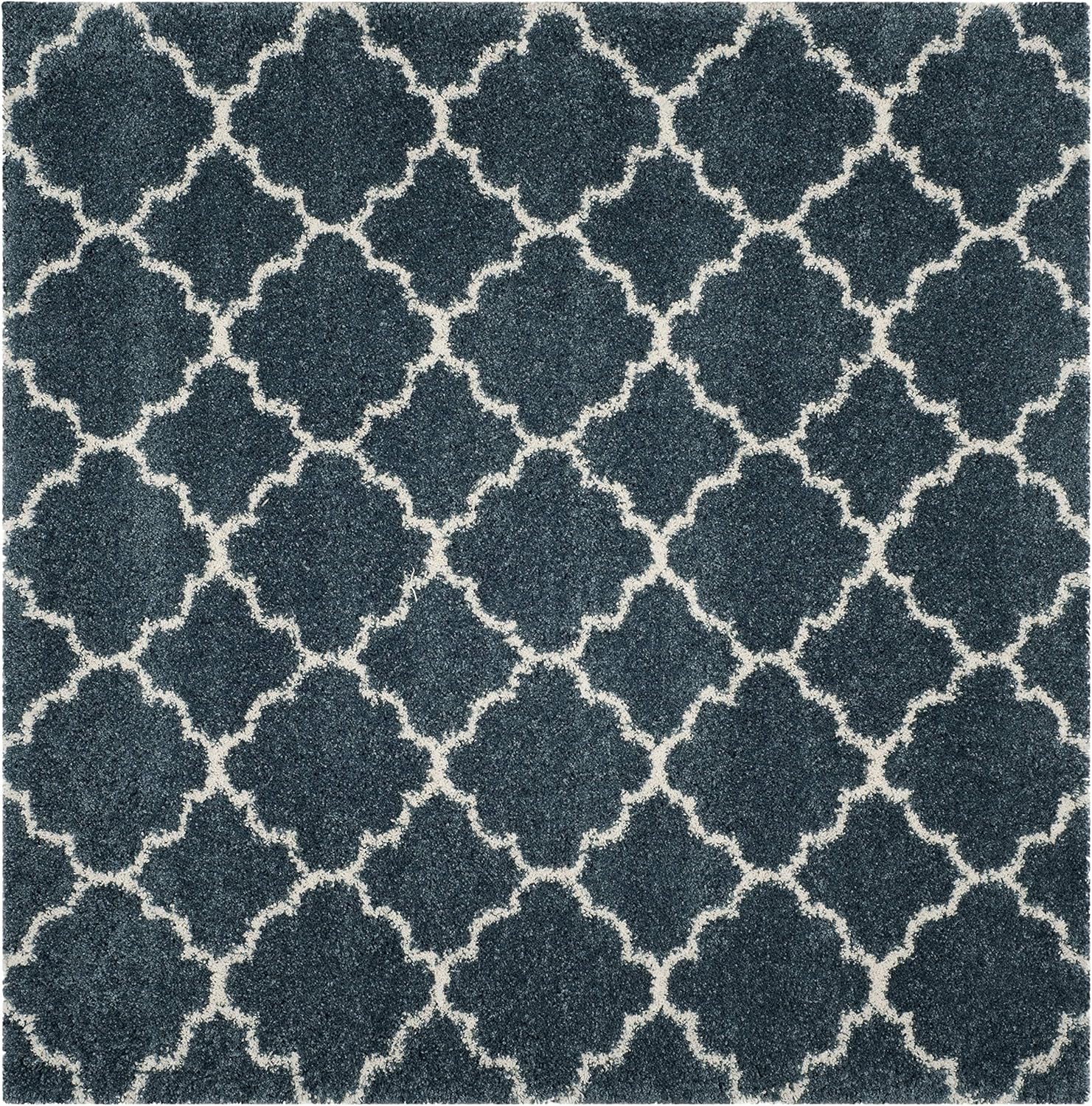 Hudson Shag Collection 7' Square Slate Blue/Ivory SGH282L Moroccan Trellis Non-Shedding Living Room Bedroom Dining Room Entryway Plush 2-Inch Thick Area Rug