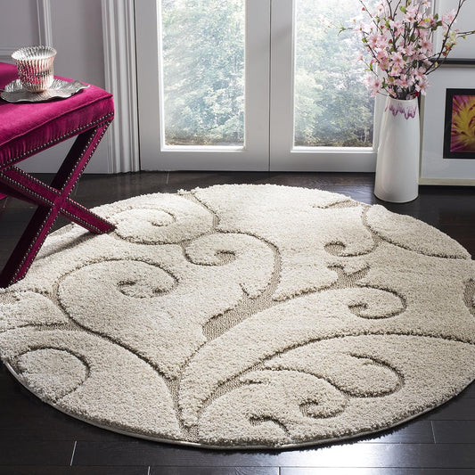 Florida Shag Collection Area Rug - 9' Round, Cream & Beige, Scroll Design, Non-Shedding & Easy Care, 1.2-Inch Thick Ideal for High Traffic Areas in Living Room, Bedroom (SG455-1113)